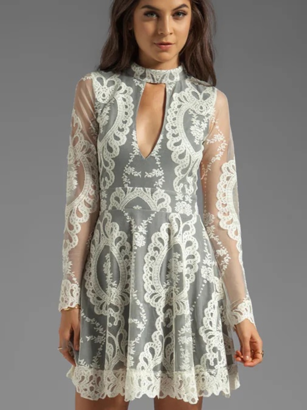 For Love And Lemons Anna Long Sleeve Lace Mini Dress with Ivory Lace Overlay
